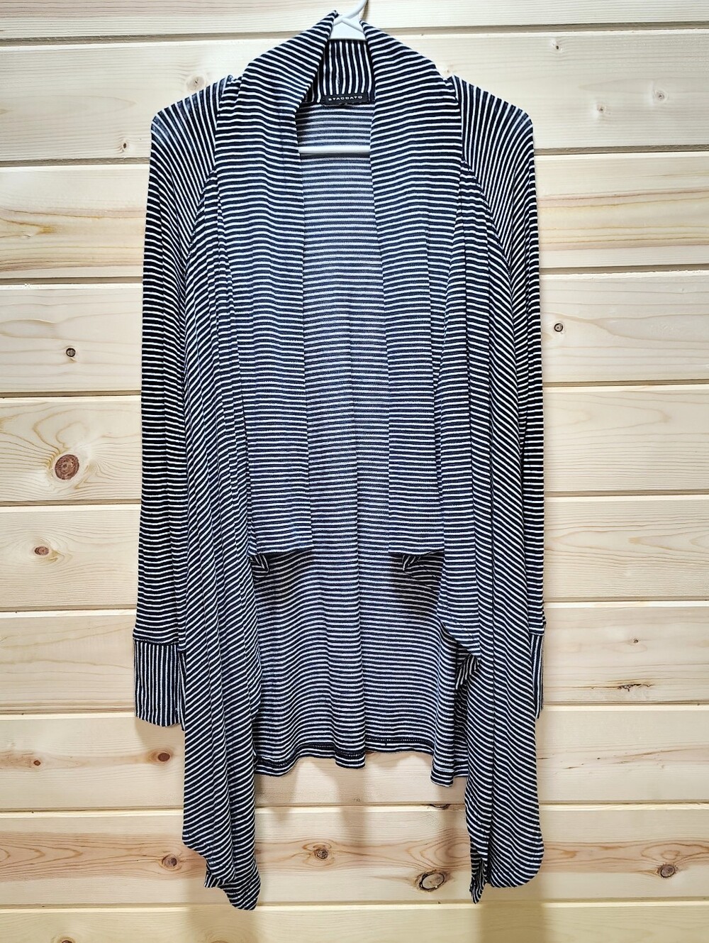 Staccato Striped Open Front Cardigan Navy White Draped Asymmetrical M Layering